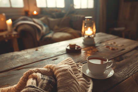 Cup of hot tea with warm plaid on wooden table in roomの写真素材