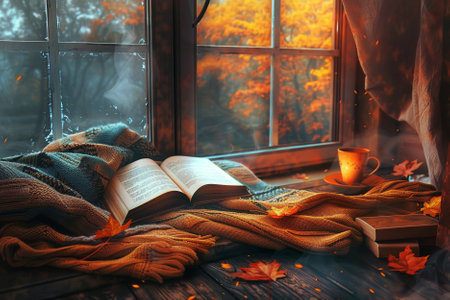 Cozy autumn morning. Cup of hot drink, book and knitted plaid on windowsill.の写真素材