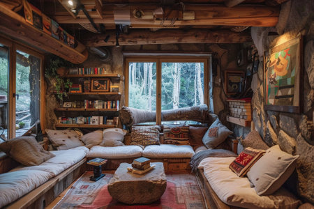 Interior of an old log cabin in the Carpathians.