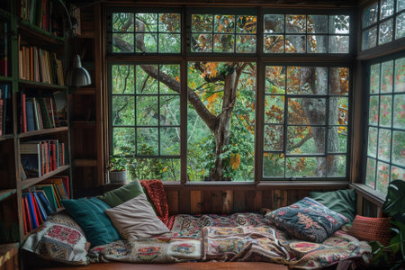 Interior of an old house with a beautiful window and a bookcaseの写真素材