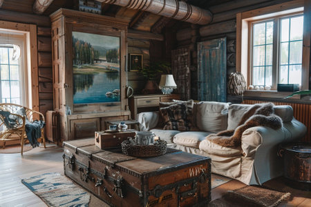 Interior of old wooden house. Furniture and interior design.の写真素材