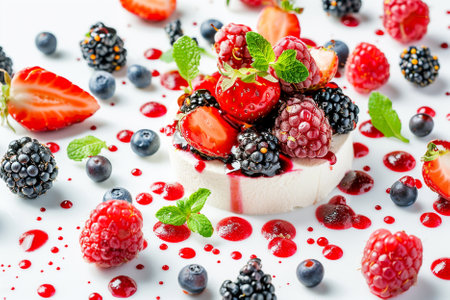 dessert with raspberries and blackberries on a white background