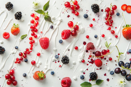Mix of fresh berries on white background, top view. Healthy food concept