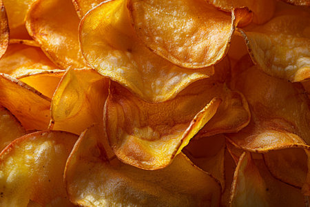 Potato chips background. Close-up of fresh potato chips.