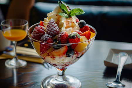 Fruit salad with ice cream in a glass on the table.