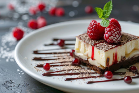 Cheesecake with raspberries and chocolate on a white plateの写真素材