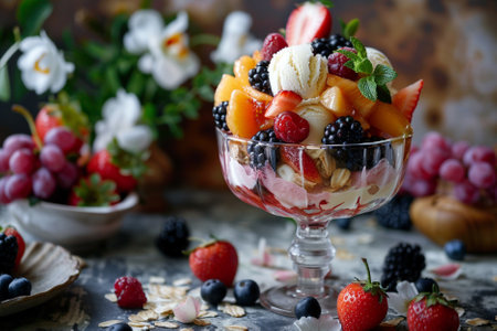 Fruit salad with yogurt and fresh berries in a glass on a dark background.