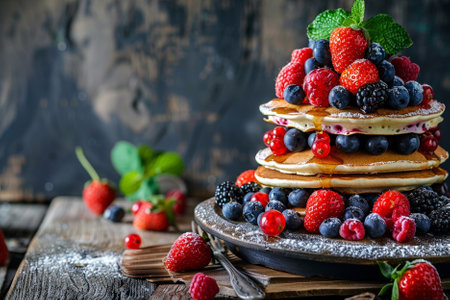Pancakes with fresh berries and maple syrup on rustic wooden background