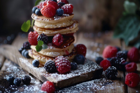 Pancakes with fresh raspberries, blueberries and blackberries
