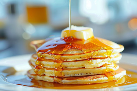 Pancakes with honey and butter on a plate in the kitchen