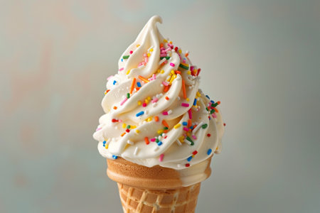 Ice cream cone with colorful sprinkles on light background, closeup
