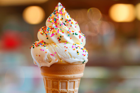 Ice cream cone with colorful sprinkles on blur background, soft focus