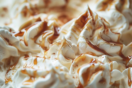 Close up of whipped cream with caramel on top. Shallow depth of fieldの写真素材