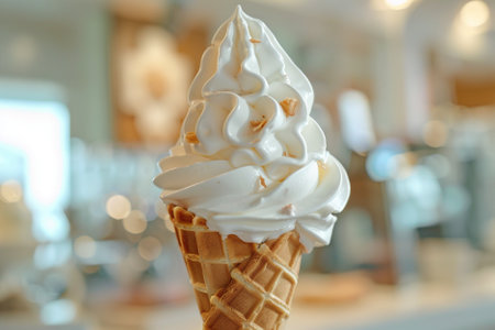 Ice cream in waffle cone on blurred background, shallow depth of field