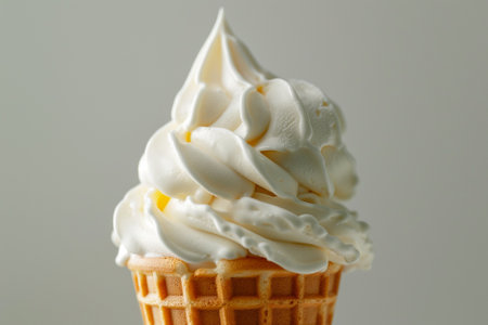 Vanilla ice cream in waffle cone on gray background, close upの写真素材