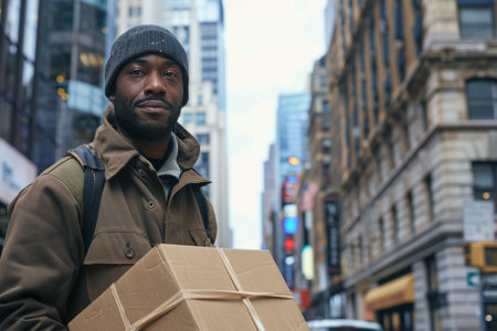 Portrait of young african american delivery man holding cardboard box in city
