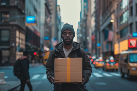young african american man in the city streets of New York holding a cardboard boxの写真素材