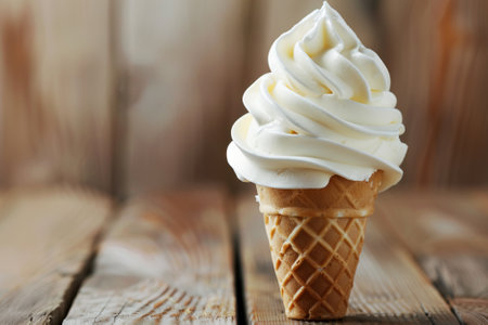 Vanilla ice cream in a waffle cone on a wooden background