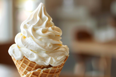 Vanilla ice cream in waffle cone on blurred background, closeupの写真素材
