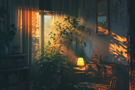 Interior of a living room with a sofa, a lamp and plantsの写真素材