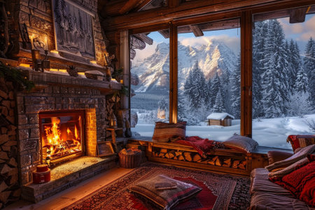 Interior of a wooden house in the mountains. Winter landscape.