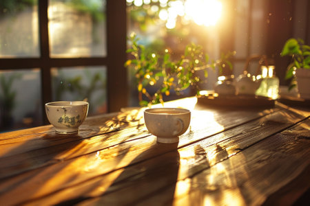 cup of coffee on a wooden table at sunsetの写真素材