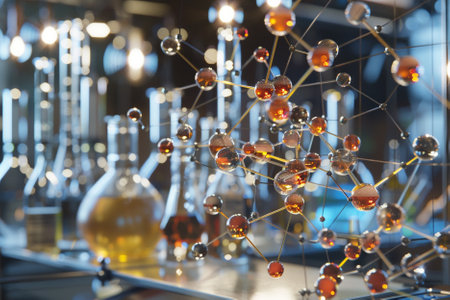 Laboratory glassware with chemical liquid, science research and development concept