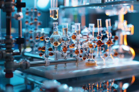 Laboratory glassware containing chemical liquid, science research and development conceptの写真素材