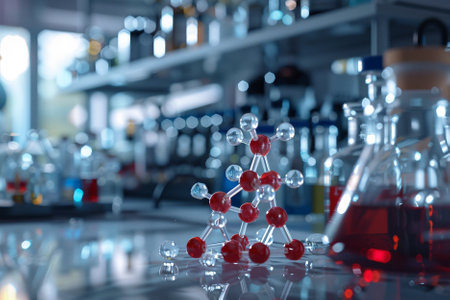 Molecular model with red liquid in laboratory, science research conceptの写真素材