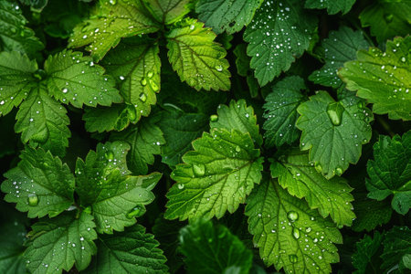 Green leaves with drops of water after the rain. Natural background.の写真素材
