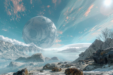 Fantasy alien planet. Mountain and sky. 3D illustration.の写真素材