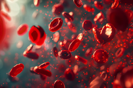 Red blood cells floating in the air. 3d rendering, 3d illustration.の写真素材