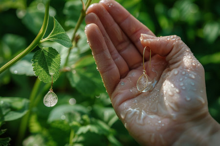 Hands of a woman with drops of water on a plant.の写真素材
