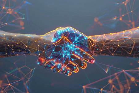 Conceptual 3D illustration of human handshake over dark background with polygonal connection linesの写真素材