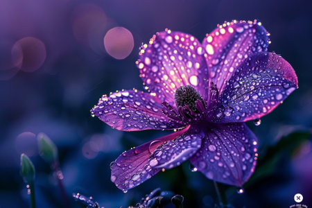 Purple flower with dew drops on bokeh background.の写真素材