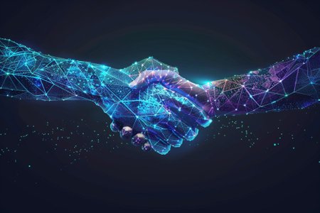 Abstract polygonal handshake on dark blue background. Teamwork concept. 3D Renderingの写真素材