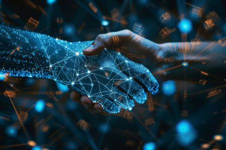 Cyber security and data protection concept with 3d rendering robot handshakeの写真素材