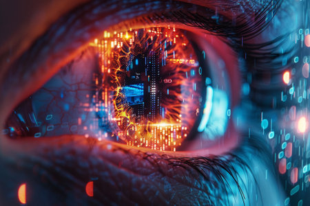 Close-up of human eye with circuit board. 3d renderingの写真素材