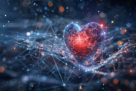 Digital heart and network on dark blue background. 3D Renderingの写真素材