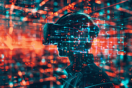 Double exposure of man wearing virtual reality goggles and technology background. 3d renderingの写真素材