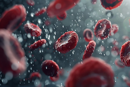 Red blood cells floating in water. 3d render, science and medical conceptの写真素材