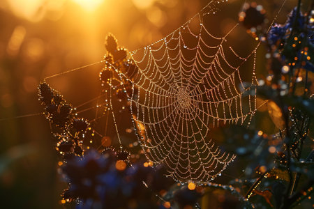 Spider web with dew drops at sunrise. Beautiful nature background.