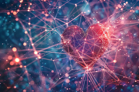 Red heart on blue background. 3d rendering toned image double exposureの写真素材