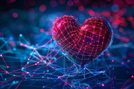 Red heart on blue background. 3d rendering toned image double exposureの写真素材