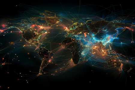Global network connection with glowing lines on dark background. 3D renderingの写真素材