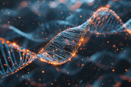 Abstract 3d rendering of dna molecule structure. Science background with glowing particles.の写真素材