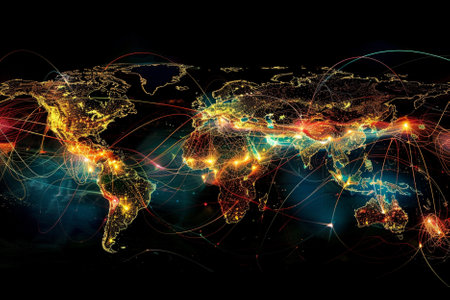 World map on a dark background with glowing lines representing communication, travel and connections.の写真素材