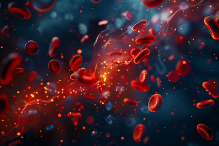 3D illustration of red blood cells flowing in front of blue backgroundの写真素材