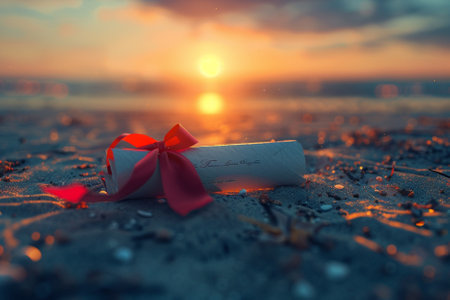 Wedding invitation on the beach at sunset. Selective focus.の写真素材
