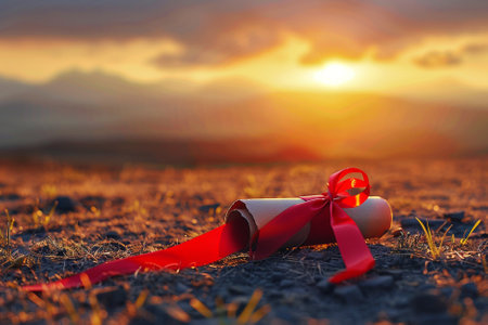 Graduation cap with red ribbon on the field at sunset. Education conceptの写真素材